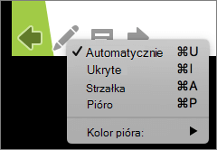 Zrzut ekranu przedstawiający opcje dostępne dla wskaźnika używanego w pokazie slajdów. Opcje to: Automatyczne, Ukryte, Strzałka, Pióro i Kolor pióra.