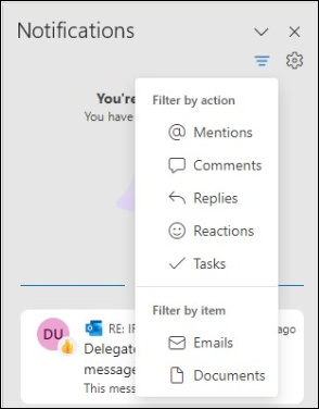 Opcje filtru powiadomień programu Outlook