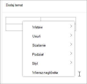 Zrzut ekranu przedstawiający menu kontekstowe tabeli