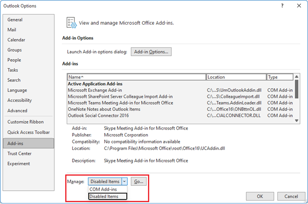 Zrzut ekranu przedstawiający okno opcji programu Outlook