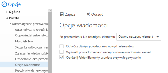 Zrzut ekranu przedstawia okno dialogowe Opcje wiadomości w miejscu, w którym zaznaczone jest pole Opróżnij folder Elementy usunięte przy wylogowywaniu.