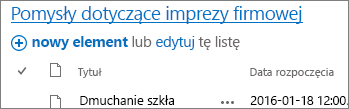 Składnik Web Part listy ze strzałką wskazującą link tytułu.