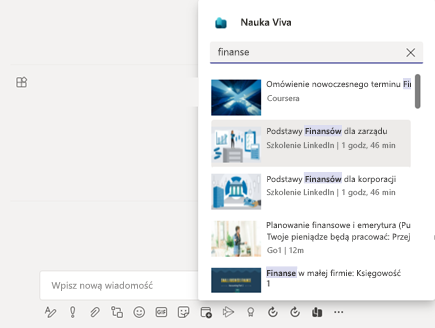 Zrzut ekranu przedstawiający aplikację Teams z wyróżnionym sposobem wyszukiwania zawartości po wybraniu przycisku „Udostępnij tematy Viva”.