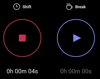 Zrzut ekranu przedstawiający licznik czasu przesunięcia i przerwy oraz przyciski na urządzeniu przenośnym Shifts