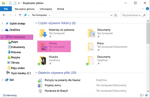 Ogólny widok okna Eksploratora plików systemu Windows, z wyróżnionym folderem Obrazy