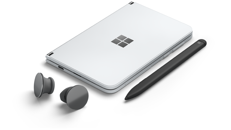 Urządzenie Surface Duo ze słuchawkami dousznymi Surface Earbuds i piórem Surface Slim Pen.