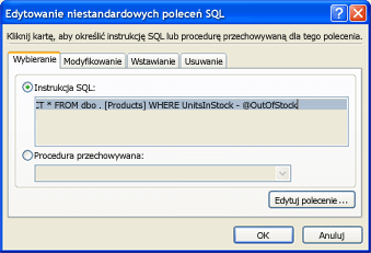 Okno dialogowe Edytowanie niestandardowych poleceń SQL zawierające instrukcję SQL