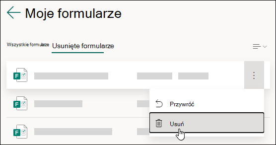 Usuwanie formularza na karcie Usunięte formularze w programie Microsoft Forms.
