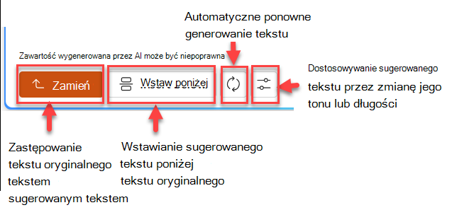 Zrzut ekranu przedstawiający okienko sugerowanego tekstu z czterema przyciskami: zamień, wstaw poniżej, ponownie wygeneruj i dostosuj.