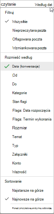 Zrzut ekranu przedstawiający listę rozwijaną Sortowanie wiadomości