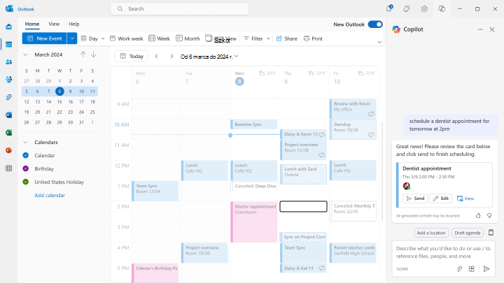 Zrzut ekranu przedstawiający sposób rezerwowania terminów przy użyciu funkcji asystowanego planowania czatu w programie Outlook.