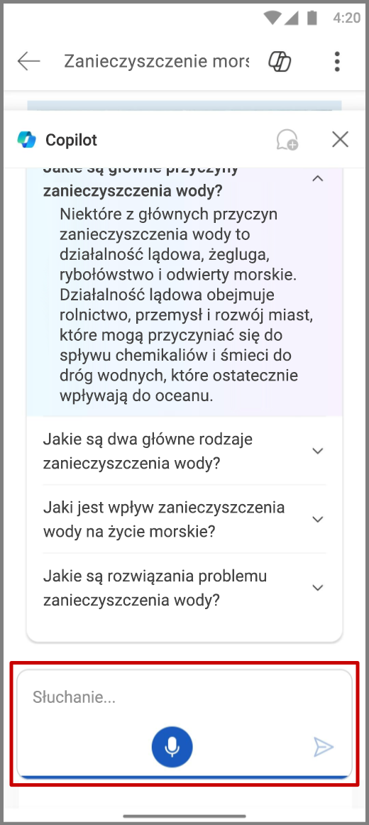Zrzut ekranu funkcji Copilot w programie Word na urządzeniu z systemem Android używającym głosowych danych wejściowych w polu redagowania