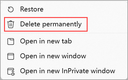 Wybierz pozycję Usuń trwale w menu Ulubione w programie Microsoft Edge, aby nie widzieć usuniętych ulubionych.