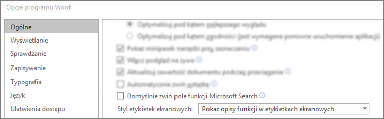 W oknie > Opcje pliku jest domyślnie wyświetlane Microsoft Search zwiń okno dialogowe.