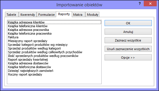 Okno dialogowe Importowanie obiektów w bazie danych programu Access