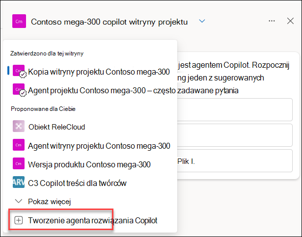 Zrzut ekranu przedstawiający tworzenie nowego agenta funkcji copilot z okienka czatu