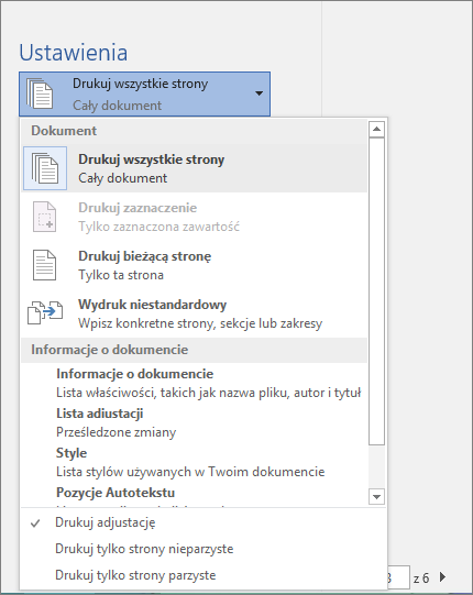 Zrzut ekranu okienka Drukowanie z rozwiniętym menu Drukuj wszystkie strony w celu wyświetlenia dodatkowych opcji.