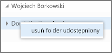 Opcja Usuń folder udostępniony w menu wyświetlanym po kliknięciu prawym przyciskiem myszy w aplikacji Outlook Web App