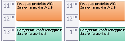 Widok kalendarza z ustawieniami formatu 24-godzinnego i 12-godzinnego