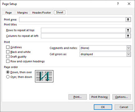 Opcje karty Arkusz ustawień strony w programie Excel