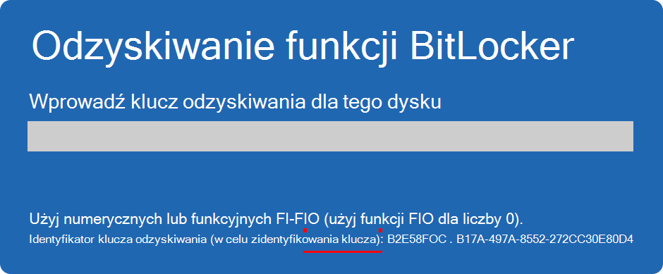 Zrzut ekranu odzyskiwania funkcji BitLocker z wyróżnionym identyfikatorem klucza.