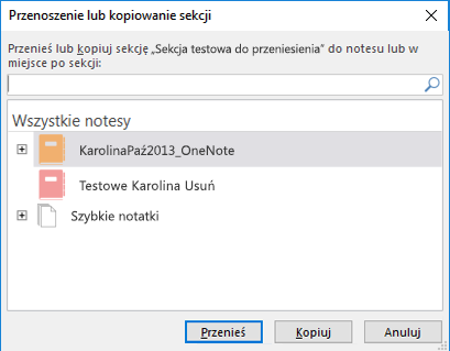OneNote dla systemu Windows 2016 okno dialogowe sekcji Przenieś lub Kopiuj