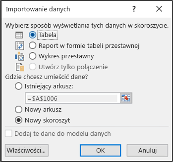 Okno dialogowe Importowanie danych z Excel 2016