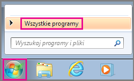 Wyszukiwanie aplikacji pakietu Office przy użyciu opcji Wszystkie programy w systemie Windows 7