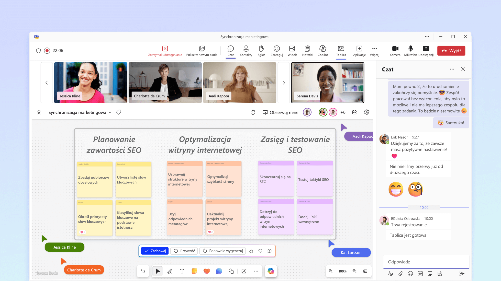 Zrzut ekranu przedstawia funkcję Copilot w aplikacji Whiteboard organizującą pomysły omówione podczas spotkania.