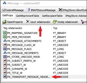 Za pomocą programu OutlookSpy usuń właściwość PR_TRANSPORT_MESSAGE_HEADERS.