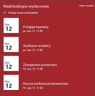 Zrzut ekranu przedstawiający składników Web Part zdarzeń
