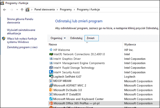 Kliknij pozycję Zmień w aplecie Odinstaluj programy, aby zainicjować naprawę pakietu Microsoft Office