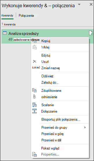 Zapytania & opcje menu dostępne po kliknięciu prawym przyciskiem myszy pozycji Połączenia