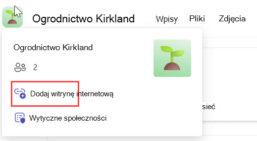 Karta bezpłatnego profilu aplikacji Teams z nazwą dodaj wskazówki społeczności witryny internetowej