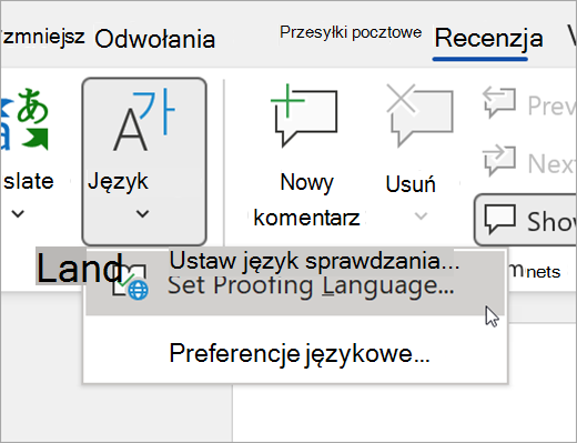 Zrzut ekranu przedstawiający kartę recenzja programu Word. Mysz wybrała język, a następnie ustaw język sprawdzania