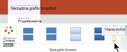 W obszarze Narzędzia grafiki SmartArt wybierz strzałkę Więcej stylów, aby otworzyć galerię Stylów grafiki SmartArt