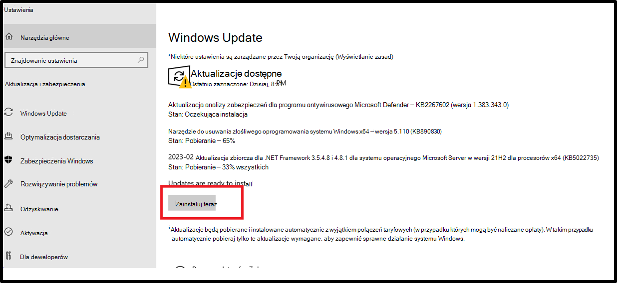 Interfejs użytkownika ustawień Windows Update