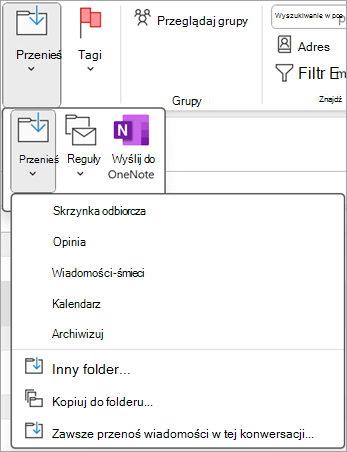 Wybierz usunięty element, który chcesz przywrócić, a następnie przenieś go do innego folderu za pomocą przycisku Przenieś na wstążce.