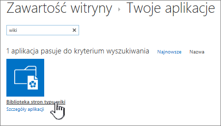 Zawartość witryny z wyróżnionym kafelkiem aplikacji witryny typu wiki