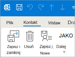 Zrzut ekranu przedstawiający zapisywanie i zamykanie kontaktu w klasycznym programie Outlook