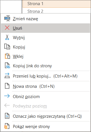 Okno dialogowe Usuwanie strony w programie OneNote dla systemu Windows