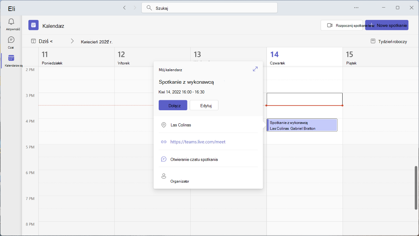 Kalendarz programu Outlook z oknem spotkania kalendarza.