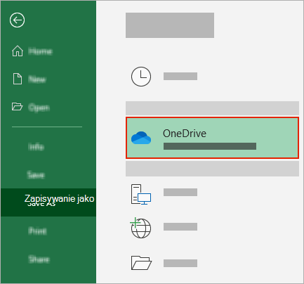 Okno dialogowe Zapisywanie jako pakietu Office z wyświetlonym folderem usługi OneDrive