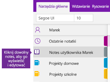 Zrzut ekranu przedstawiający listę notesów w programie OneNote