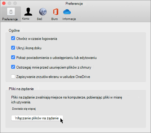 Zrzut ekranu przedstawiający preferencje na komputerze Mac dla OneDrive plików na żądanie