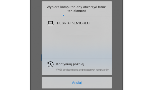 Zrzut ekranu przedstawiający pozycję Wybierz komputer w przeglądarce Microsoft Edge w systemie iOS, aby użytkownik mógł otworzyć stronę internetową na swoim komputerze.