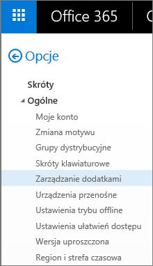 Zrzut ekranu przedstawiający sekcję Ogólne menu Opcje w programie Outlook z wyróżnioną opcją „Zarządzaj dodatkami”.