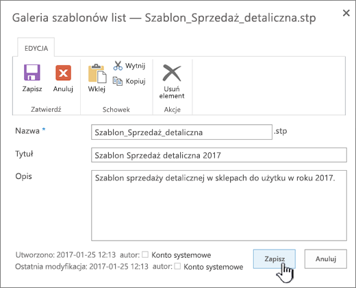 Edytowanie właściwości szablonu listy