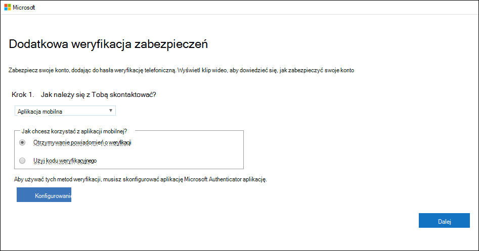 Zrzut ekranu przedstawiający stronę "Dodatkowa weryfikacja zabezpieczeń" z zaznaczonymi opcjami "Aplikacja mobilna" i "Odbieraj powiadomienia o weryfikacji".