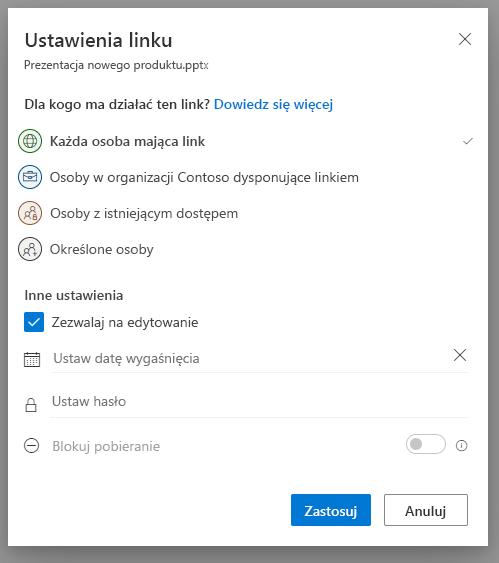 Zrzut ekranu przedstawiający wyskakujące okienko Udostępnianie w usłudze OneDrive.